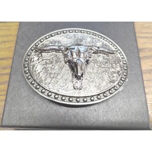 New Western Longhorn Bull Skull Belt Buckle SilverTone Oval Floral Western Rodeo